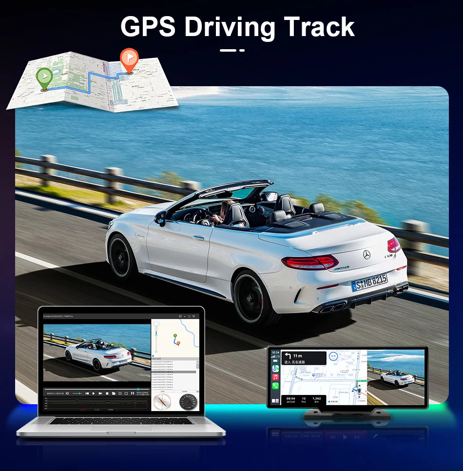 Wireless CarPlay Screen with 4K Dash Cam and GPS