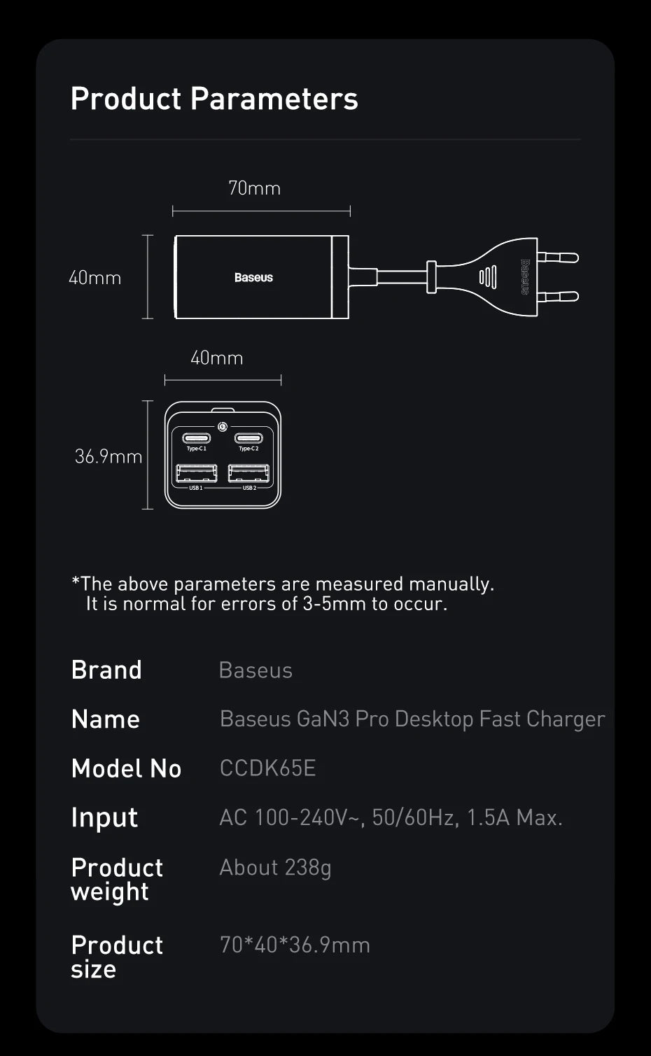 Baseus 65W/100W GaN stolná nabíjačka so 4 portami na rýchle nabíjanie