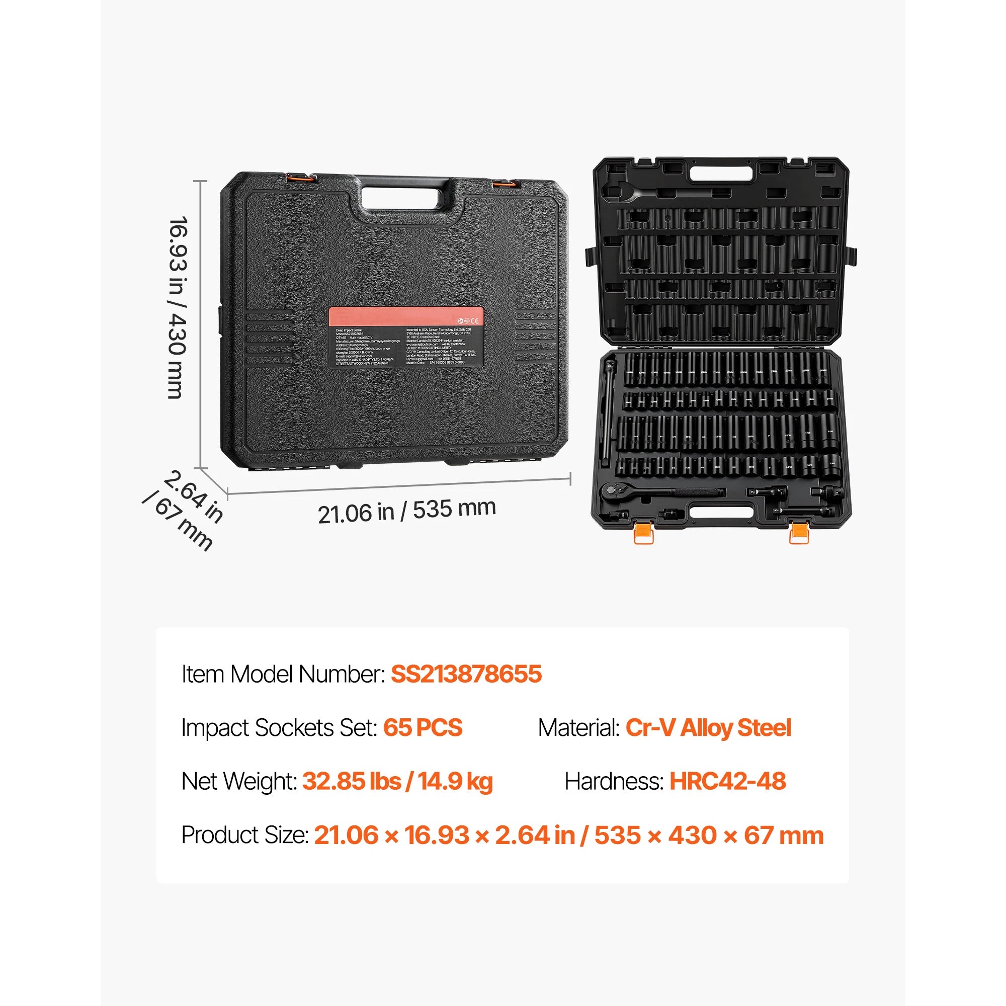 Sada nástrčných kľúčov 1/2" pohon, 6-hran, Cr-V oceľ, 26–65 dielov