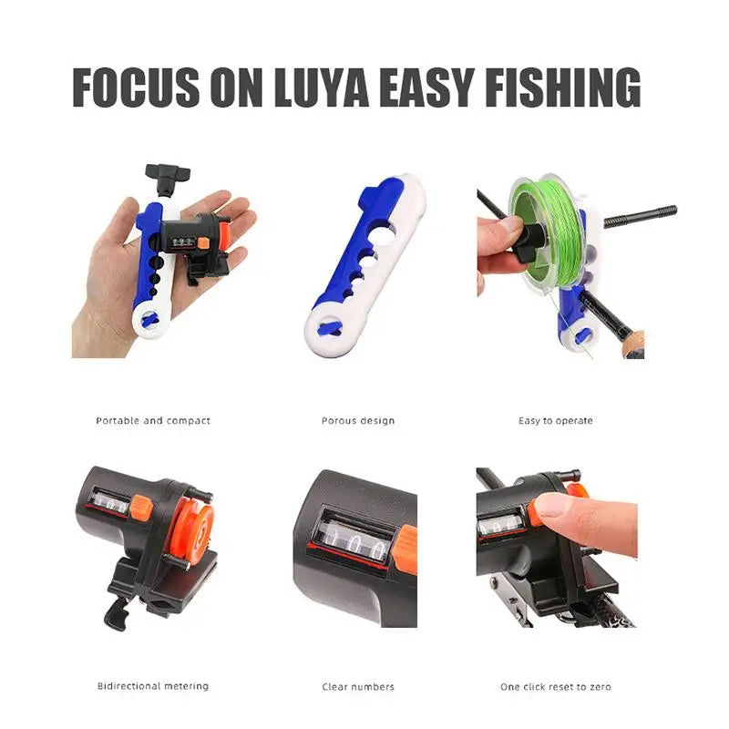 contador de linha de pesca com braçadeira para vara, 0–999 m