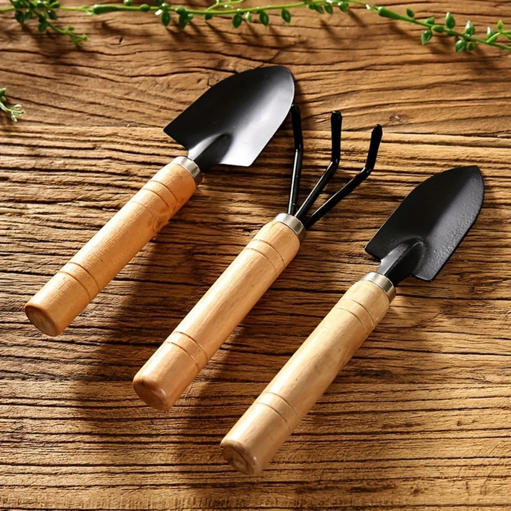 Mini Garden Tool Set with Wooden Handles, 3 Pieces