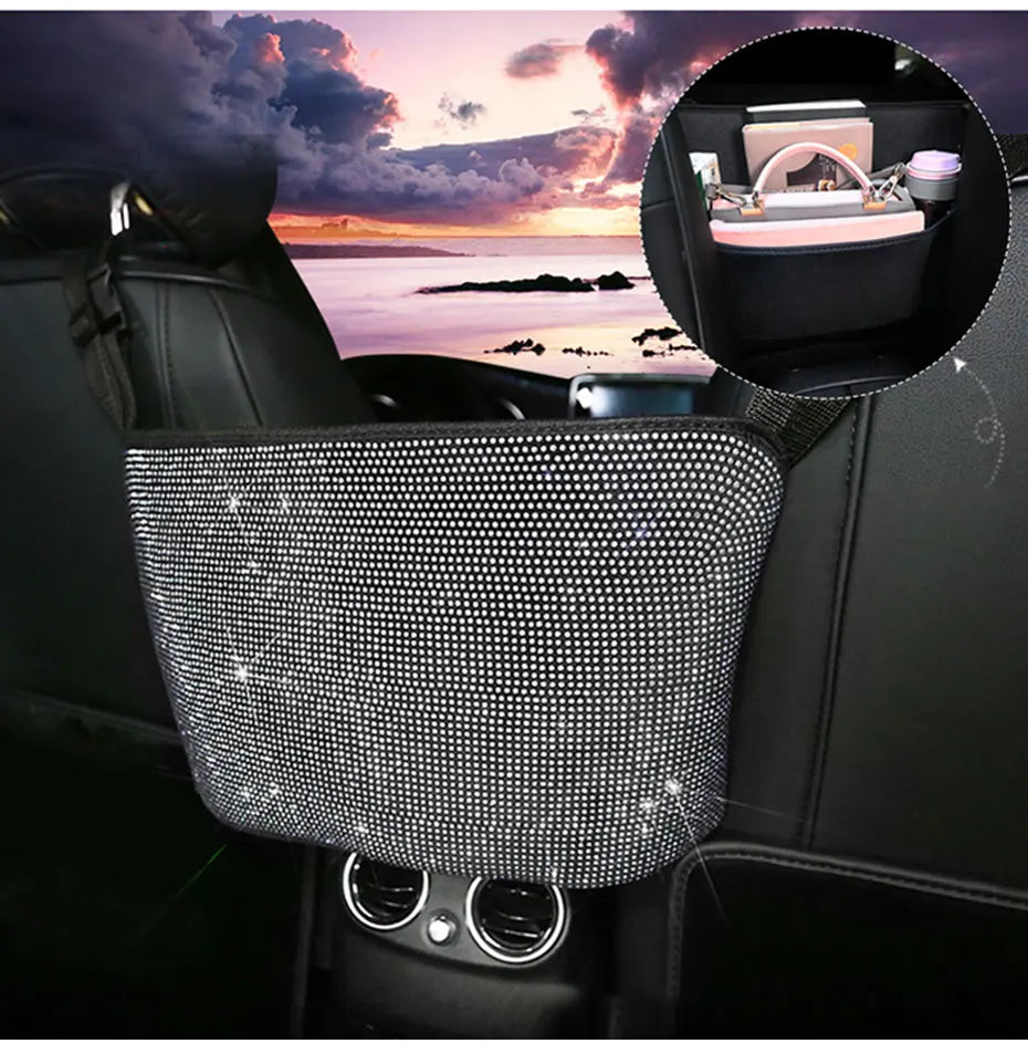 SEAMETAL Bling Center Console Organizer Shiny White Rhinestone Car Storage Bag for Lady Crystal Diamond Auto Handbag Holder