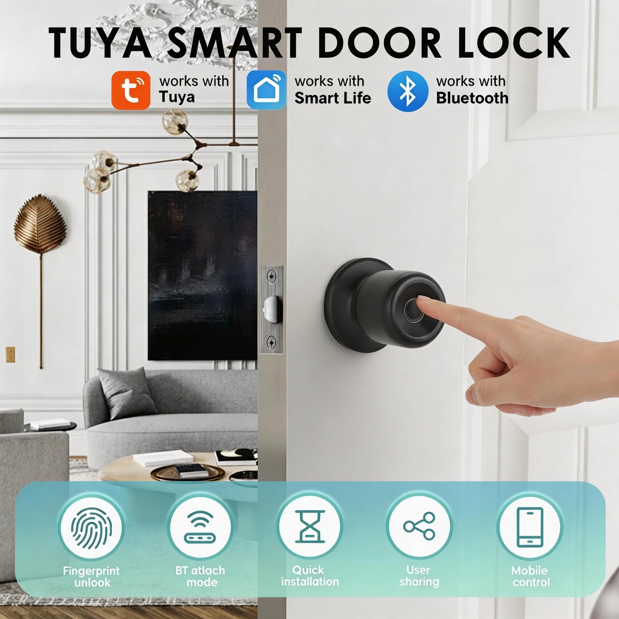 Smart Fingerprint Door Knob Lock with App Control
