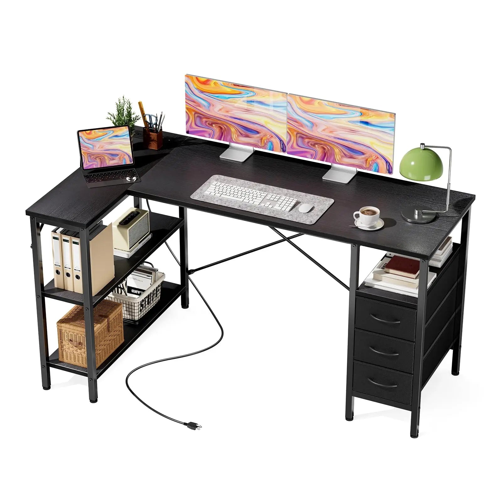 55 Inch L-Shaped Desk with Drawers, Shelves & Built-In Power Outlet