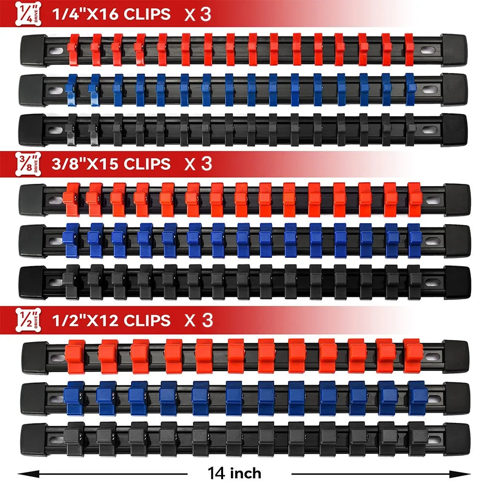 Socket Organizer Set 1/4-Inch 3/8-Inch 1/2-Inch Socket Organizer for Tool Box Drawer Drive Socket Trays, Socket Holder Clip Rail