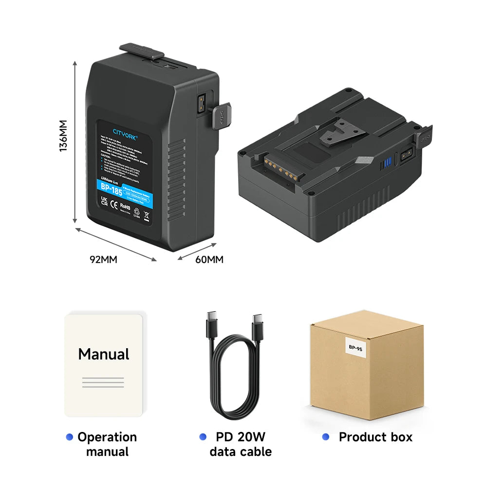 V Mount V-Lock BP185 95 V-Mount Battery BP 222 Battery with PD20W Cable for Sony Camcorder Broadcast Video Light Blackmagic URSA