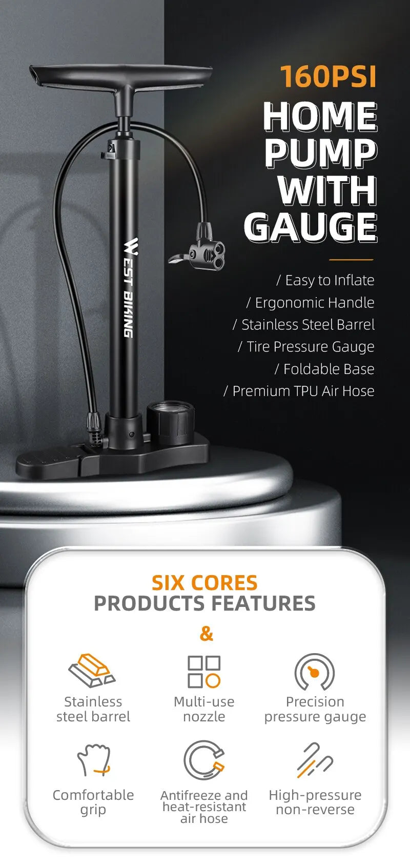 WEST BIKING Biciklistička pumpa 160PSI prenosiva pumpa od nehrđajućeg čelika Schrader Presta ventil inflator za planinske i cestovne bicikle dodaci