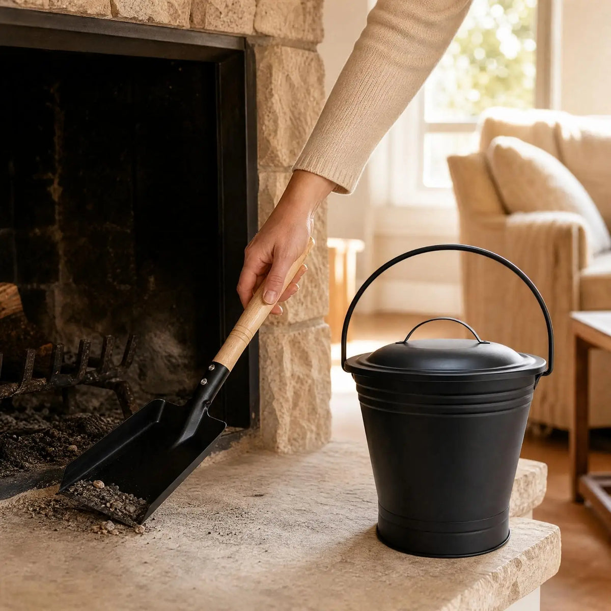 Lidded Fireplace Ash Bucket with Shovel, 11 L