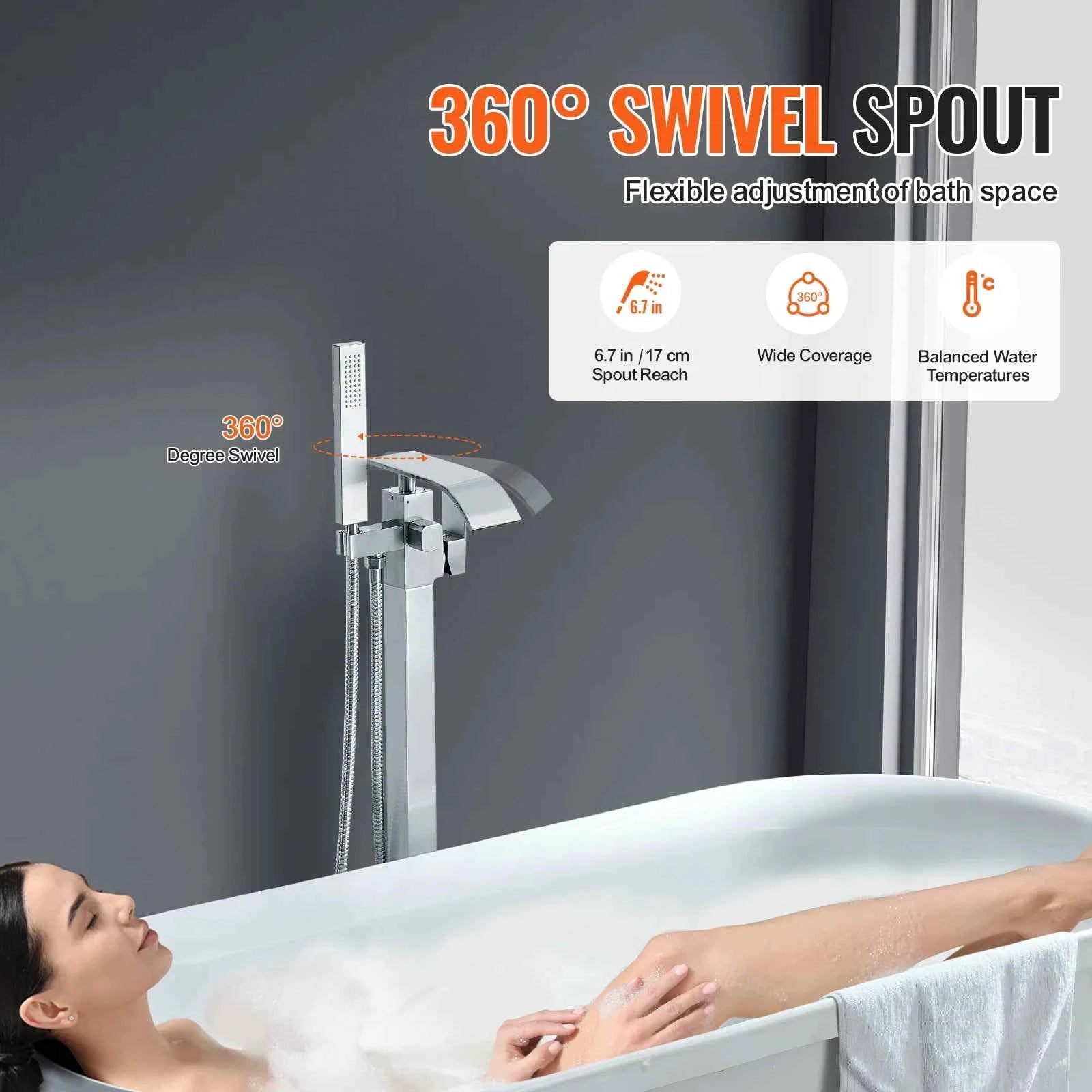 VEVOR Freestanding Bathtub Faucet Shower Mixer Taps 360° Swivel Spout for Showering Pet Bathing Cleaning Drains Toilet Flushing