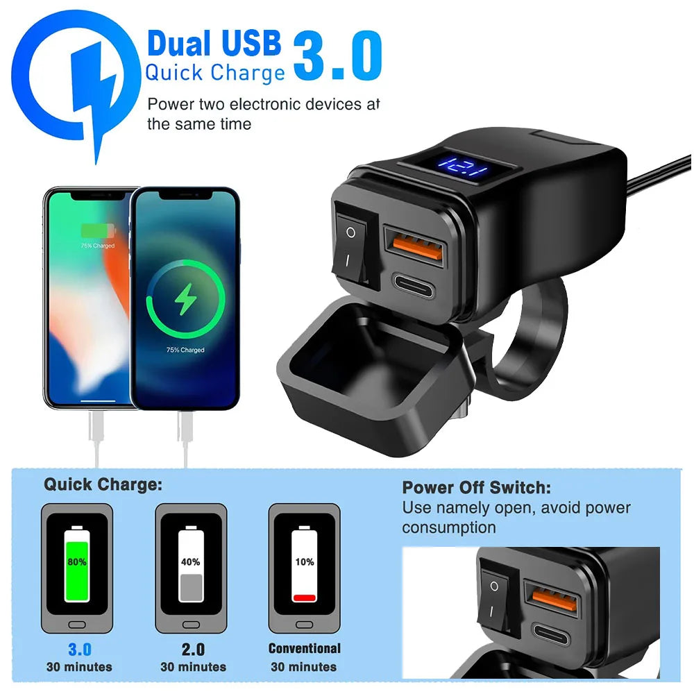 PD+QC3.0 Motorcycle USB Fast Charger 60W Handlebar Dual USB Socket with Switch Voltmeter Waterproof 12V Power Supply Adapter