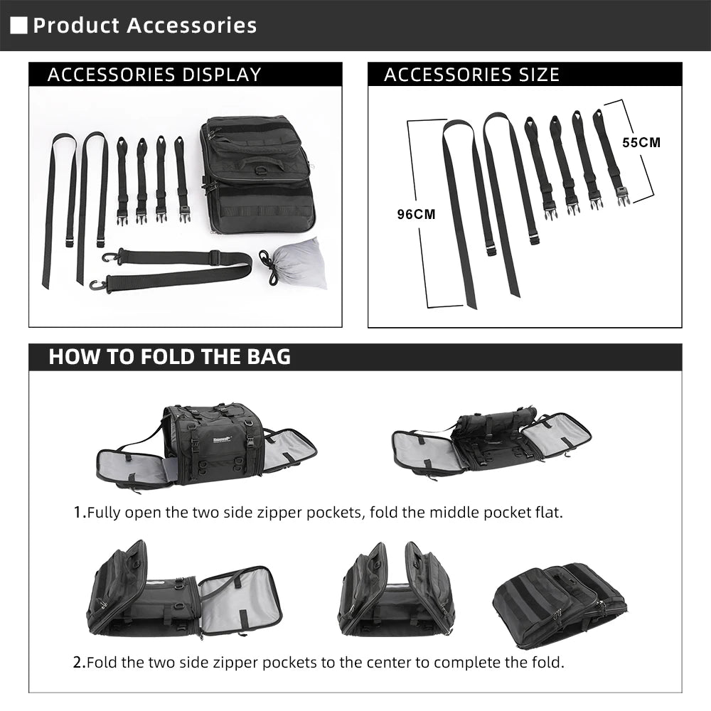 Motorcycle Tail Bag Expandable Luggage 19L–80L Rack Trunk Storage