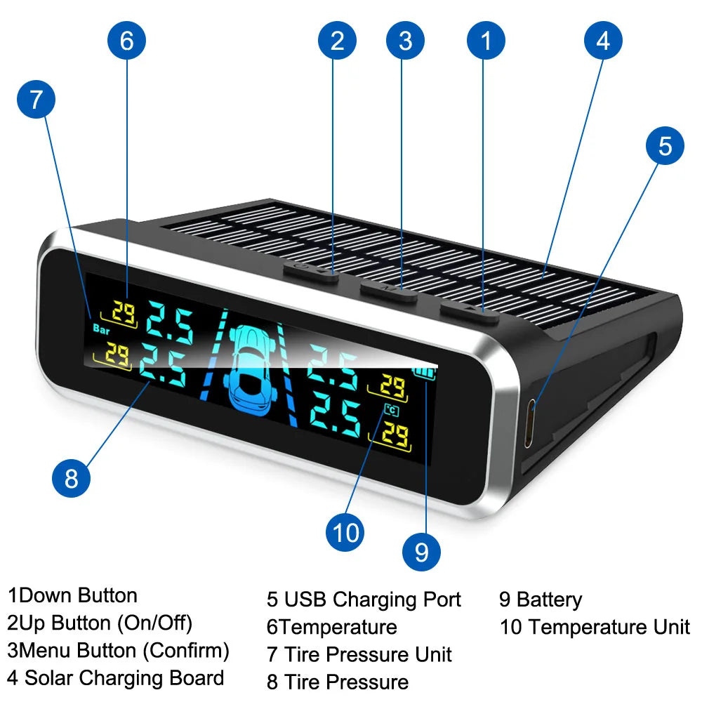 Solar TPMS Tire Pressure Monitoring System with External Sensors