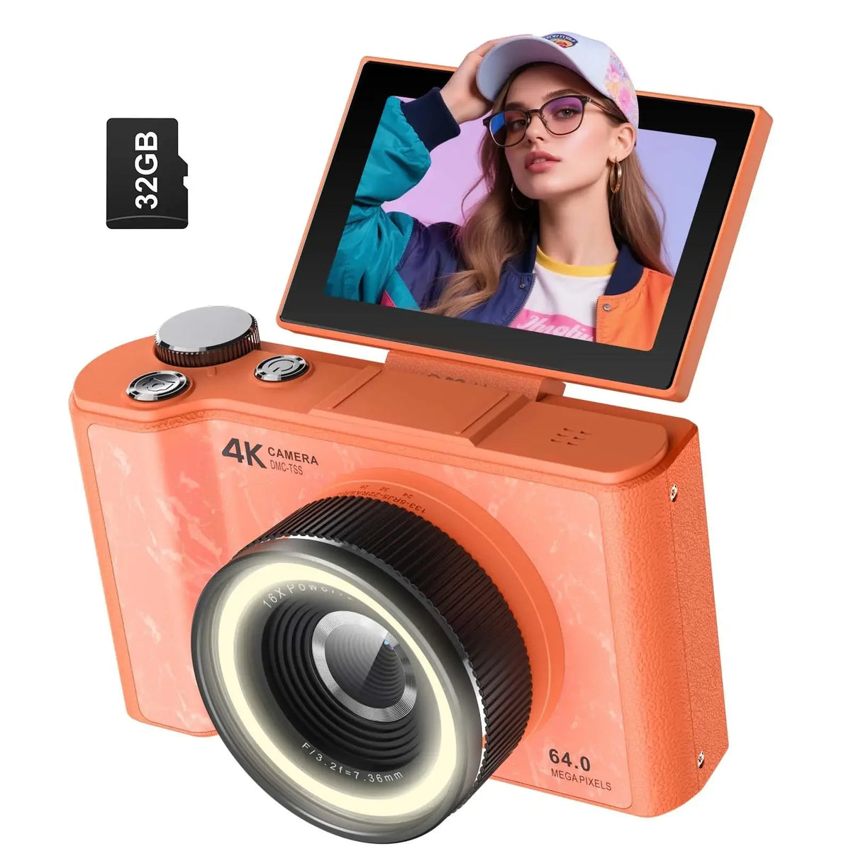 4K Vlogging Camera with 180° Flip Screen, Ring Light, Beauty Mode, 32GB SD Card
