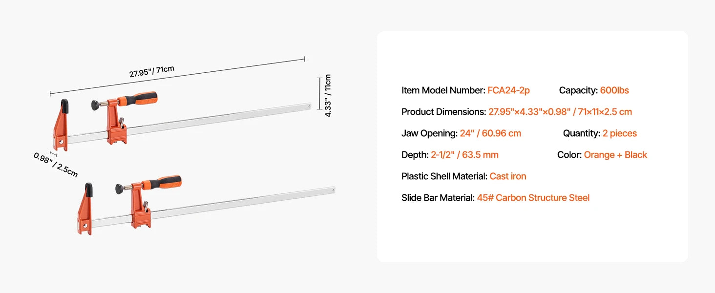 SucceBuy bøjle-klemmer 2 stk. 50" parallelle klemmer sæt F-klemme med belastningsgrænse 1100 lbs højstyrke plast og kulstofstål træklamp
