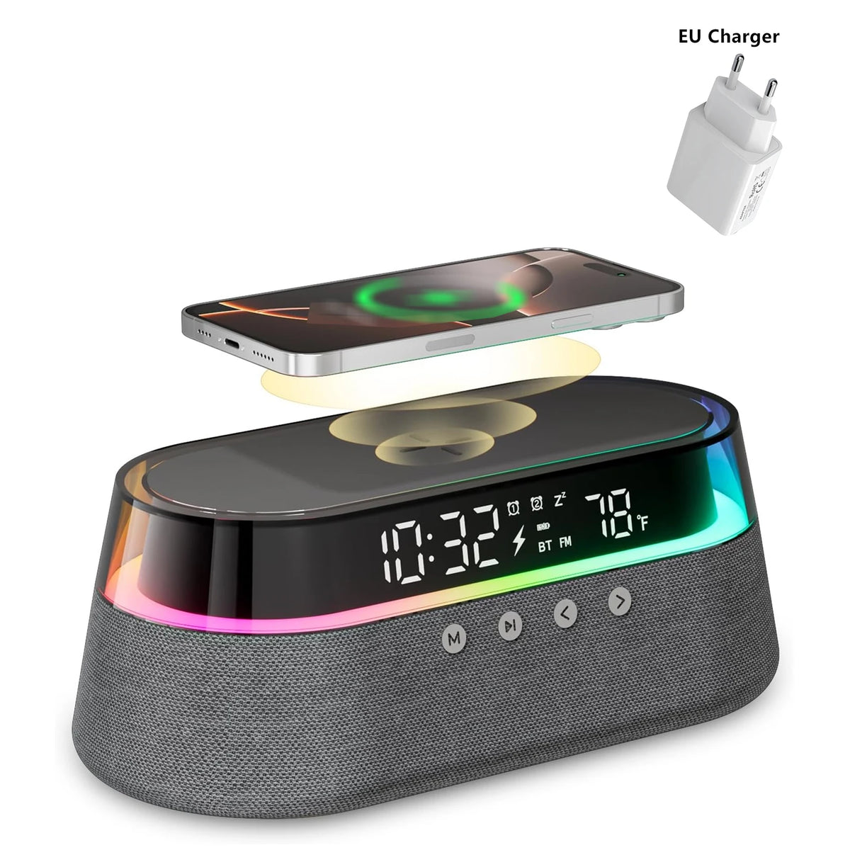 6-in-1 Smart Alarm Clock - 15W Wireless Charger, Bluetooth Speaker, FM Radio, Dual Alarm, USB Charger & RGB Night Light
