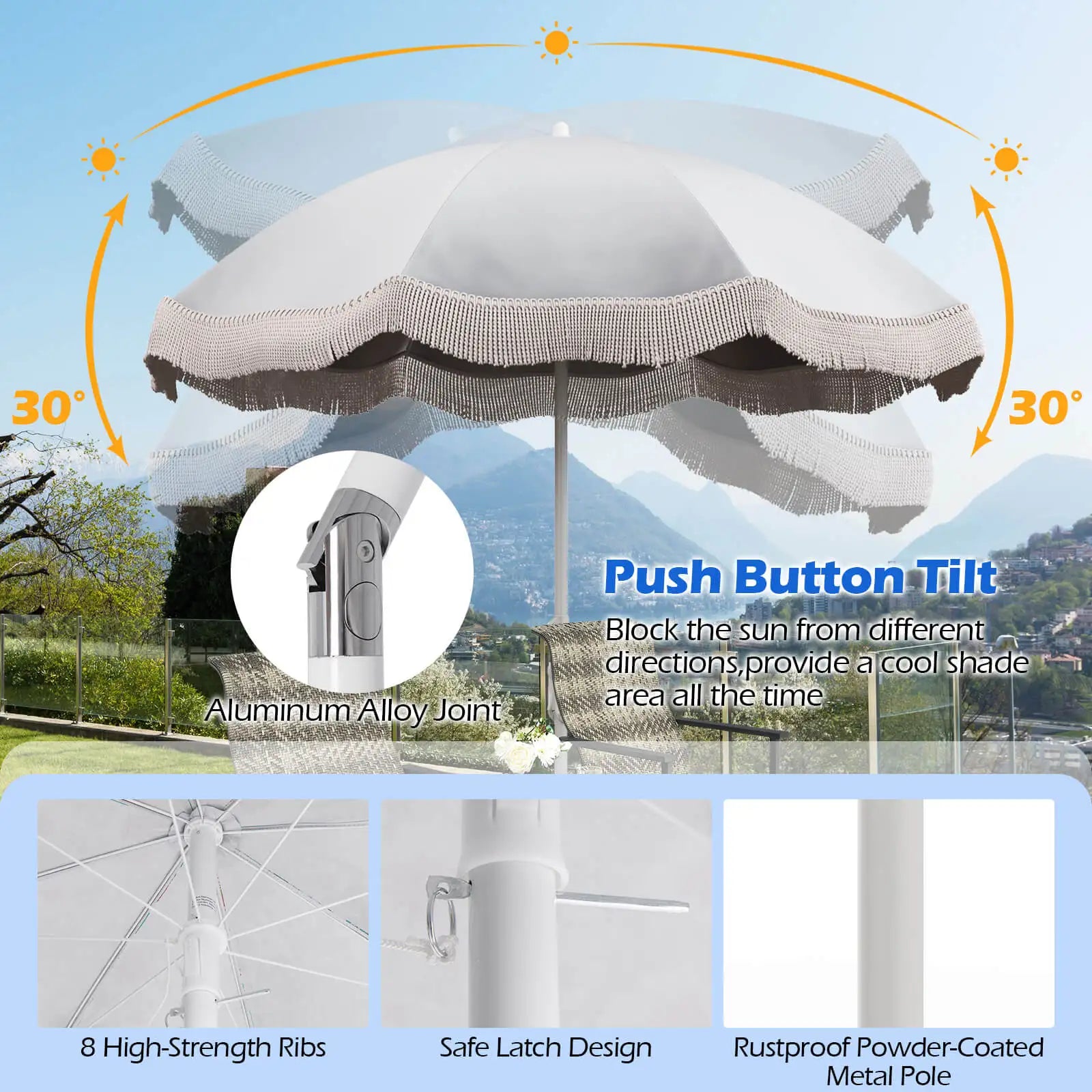 6.5 FT Patio Fringe Umbrella with Push-Button Tilt and Carry Bag
