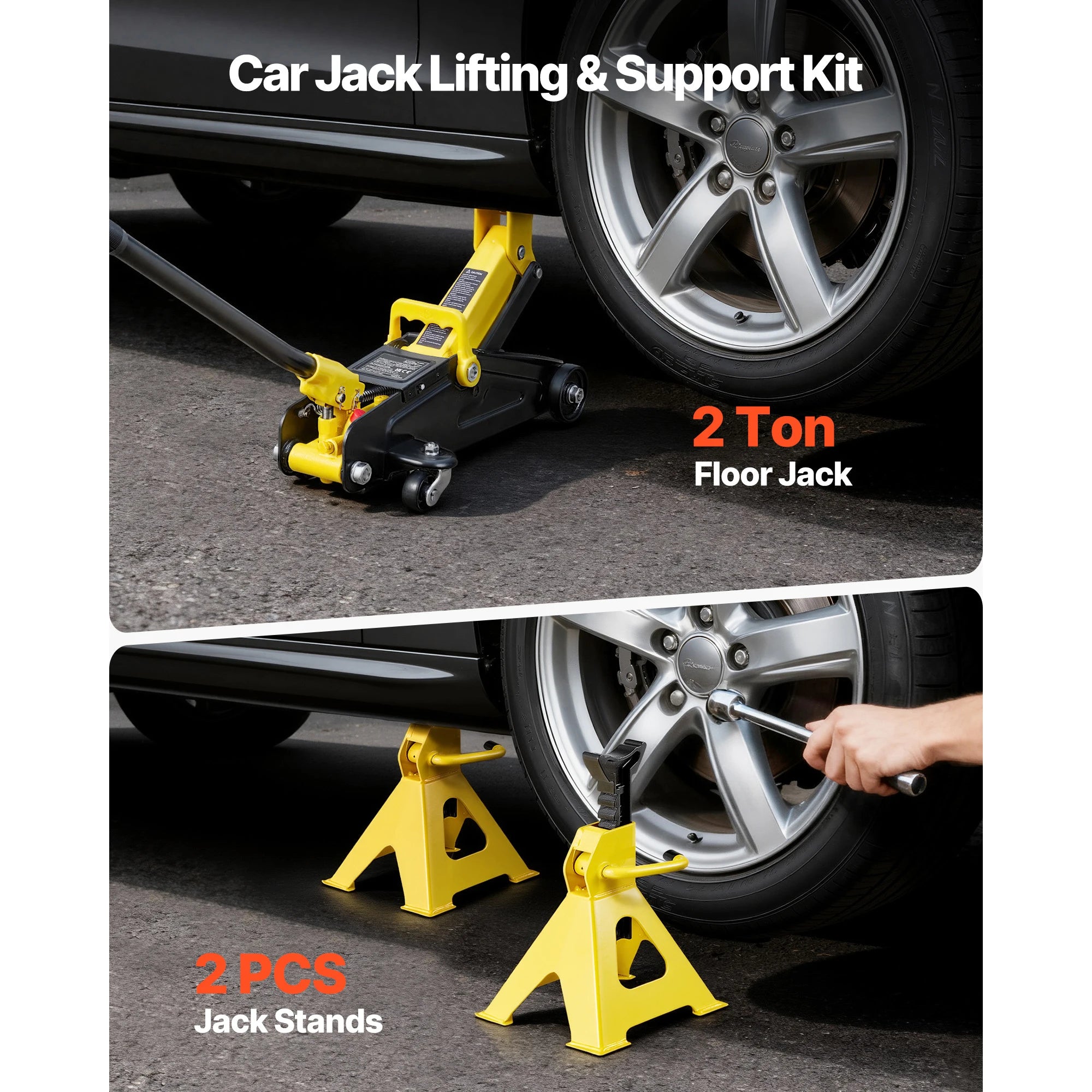 Low Profile Floor Jack with Stands, Steel Hydraulic Car Lift