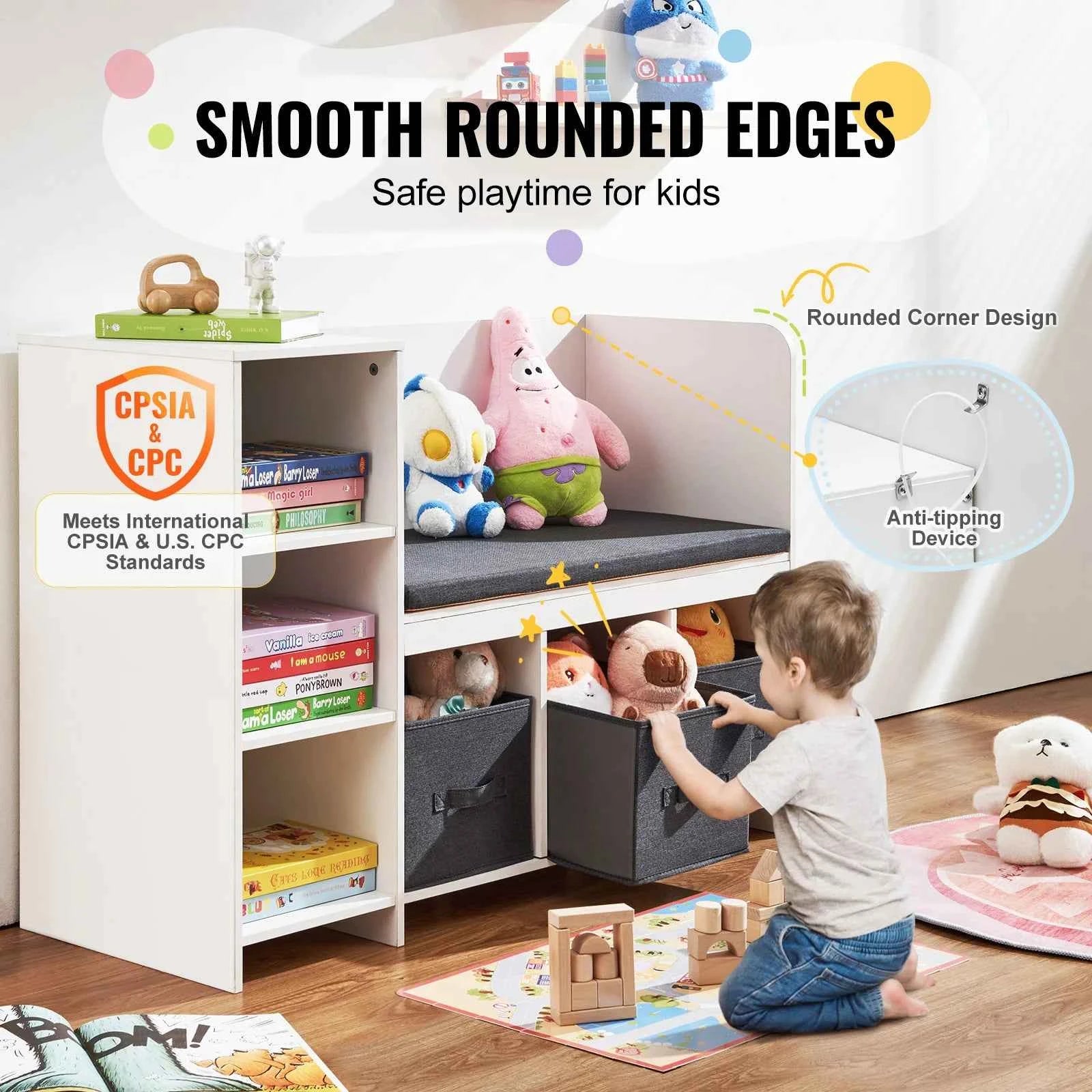 Kids Reading Bookcase Nook Bench with 6 Cubbies and 3 Drawers