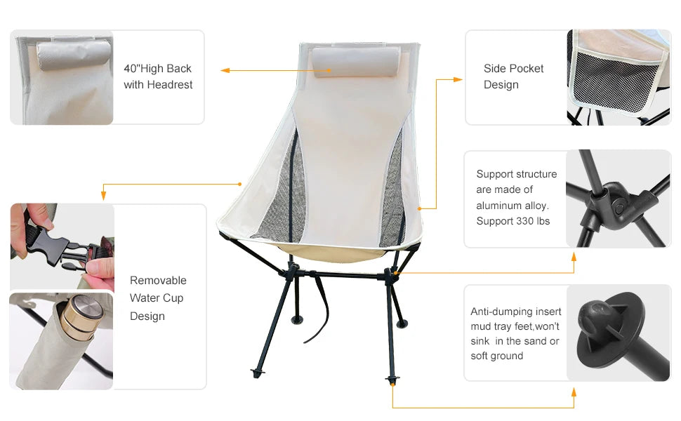 Portable Folding Camping Chair with Headrest Lightweight Aluminum Alloy