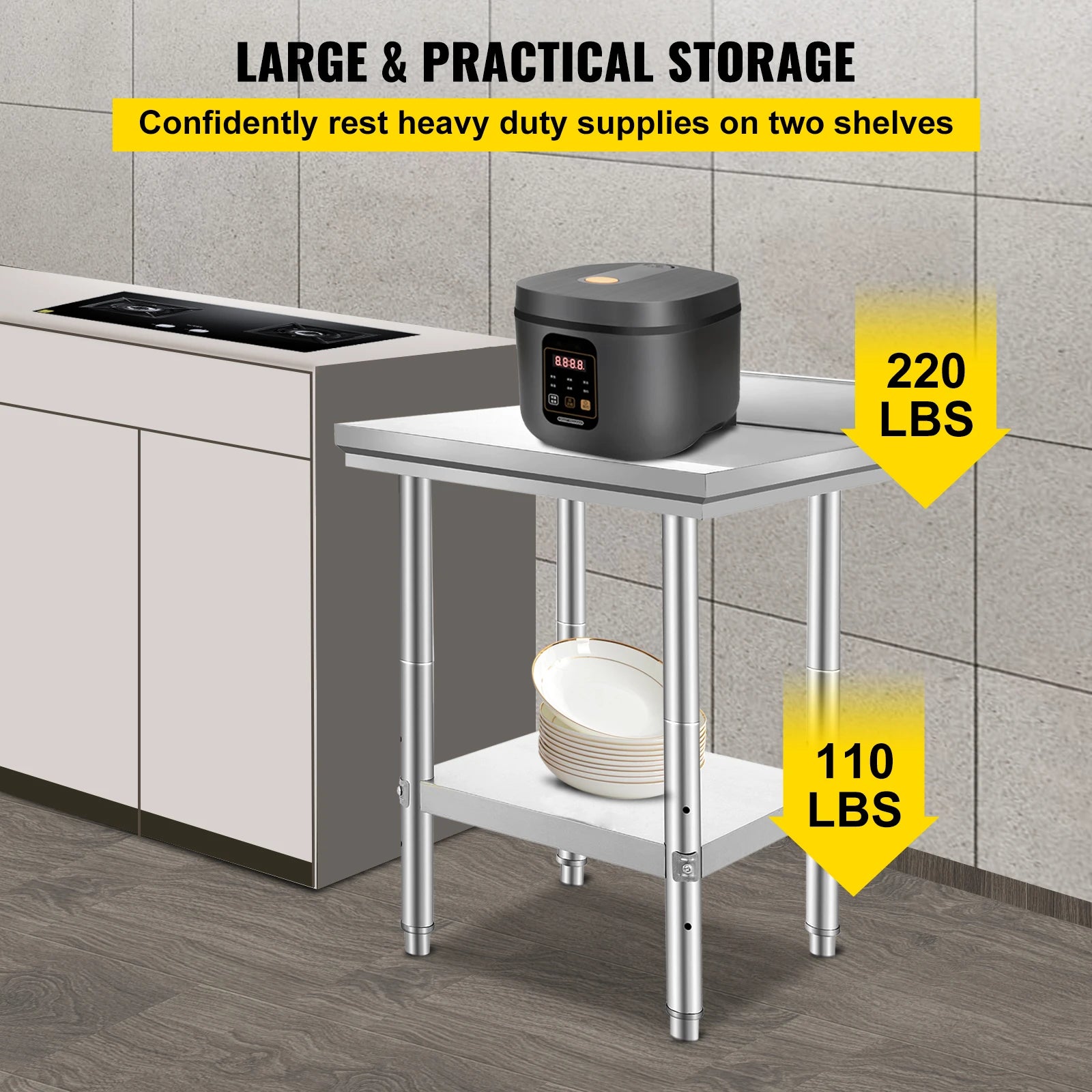 Stainless Steel Kitchen Work Table with Adjustable Shelf & Backsplash