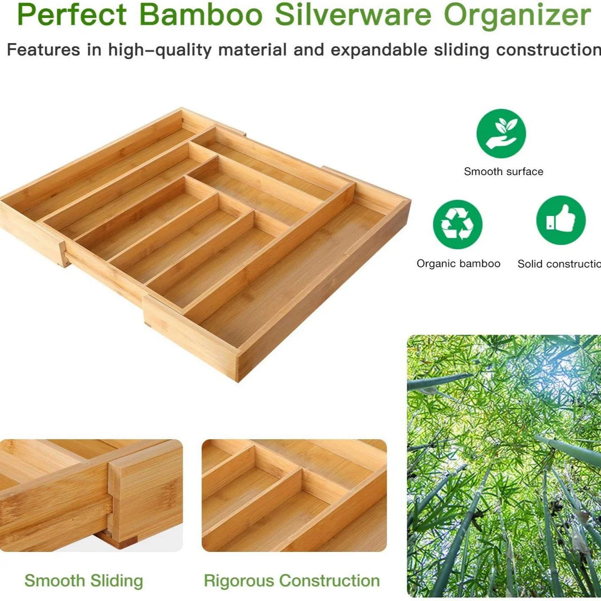 Organizador de gaveta em bambu extensível