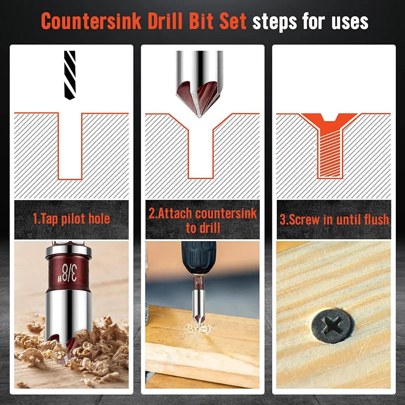 5Pcs Countersink Drill Bit Set With Drill Bit 82-Degree 5 Flutes Quick-Change Hex Shank Counter Sink Bits For Wood Metal Plastic