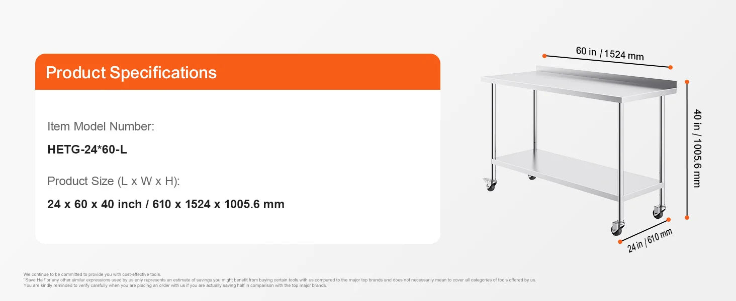 Stainless Steel Work Table with Casters 24x60 Prep Station
