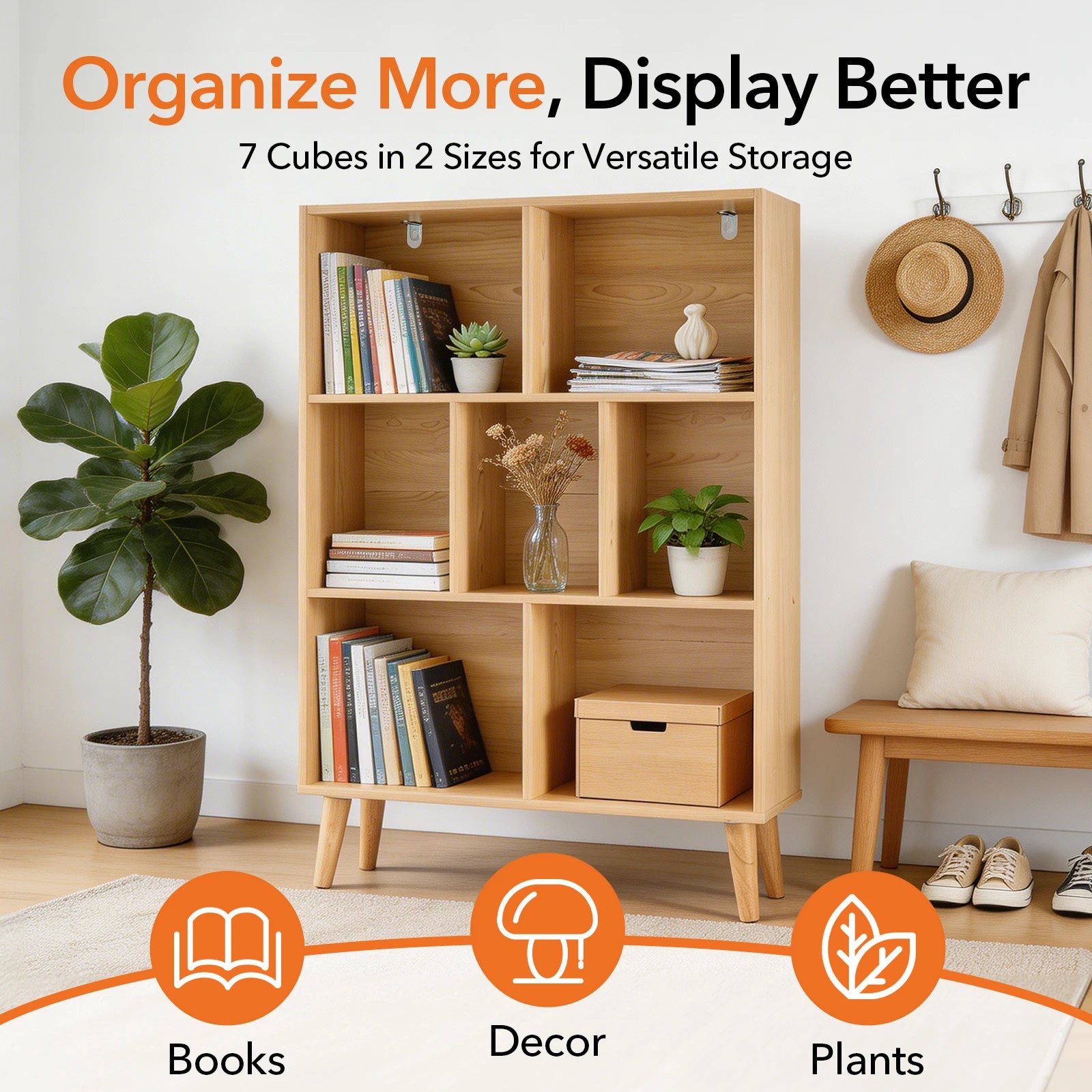 3 Tier Wooden Bookshelf with 7 Cubes and Adjustable Layout