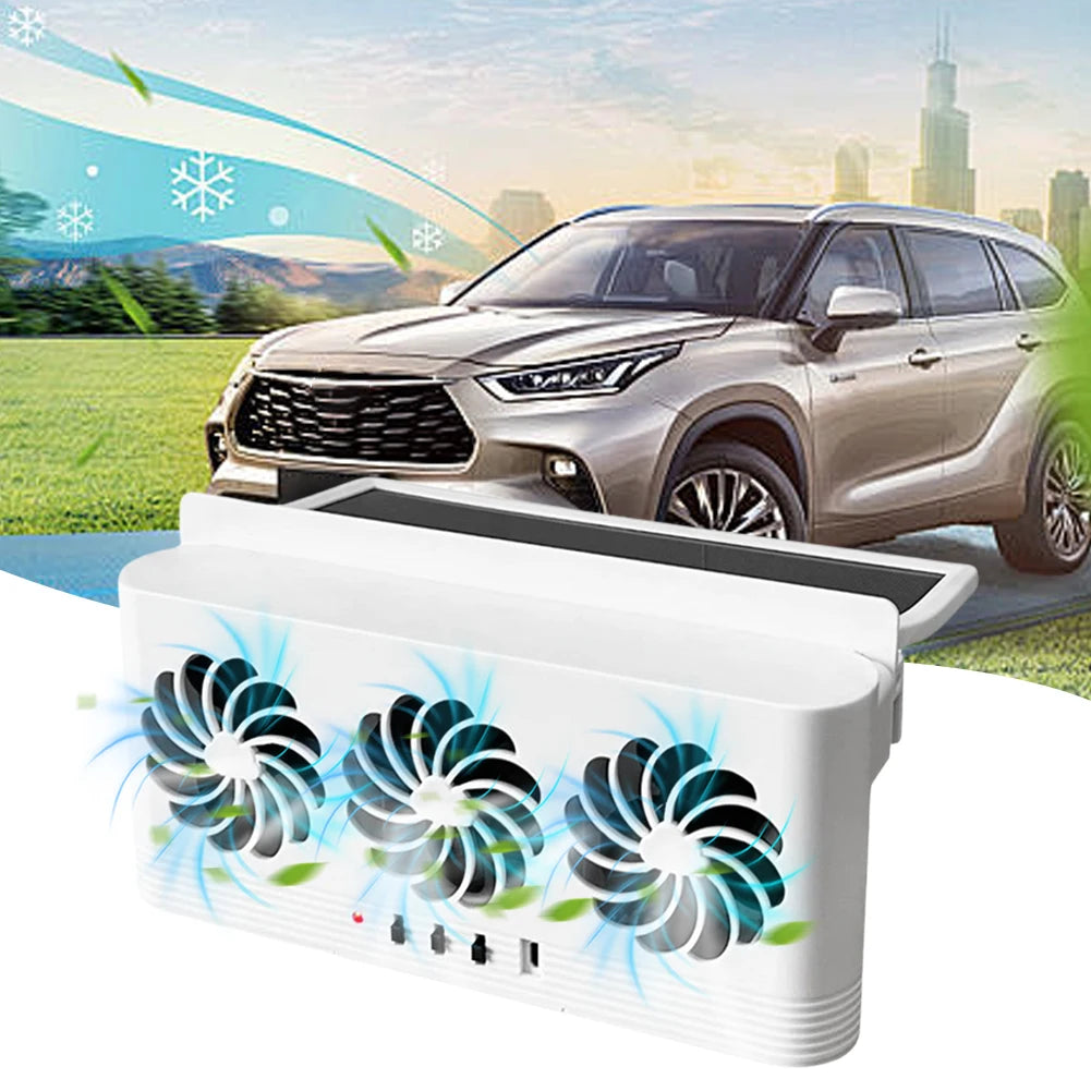 Solar Car Exhaust Fan with 3 Air Outlets and USB Power