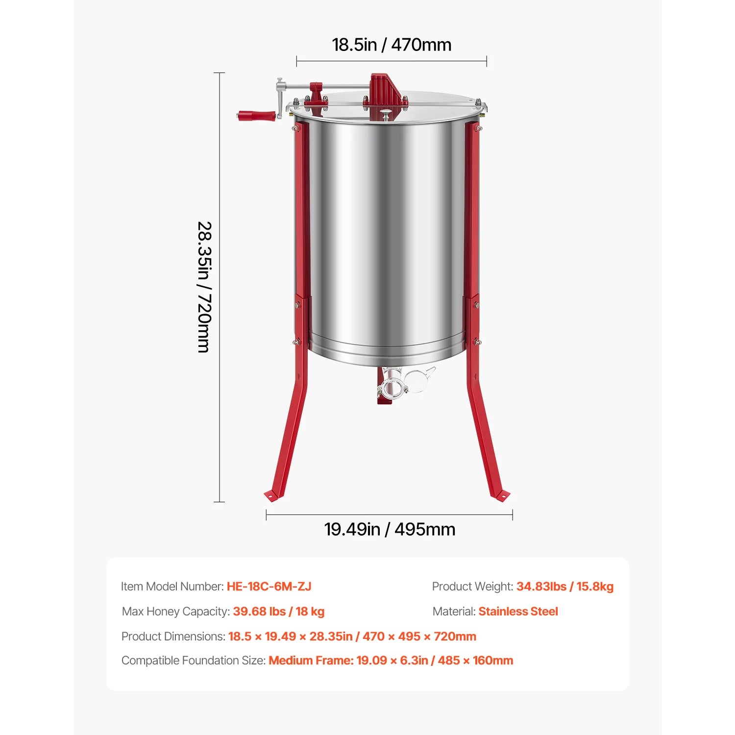 Manual Honey Extractor with Transparent Lid and Adjustable Stand