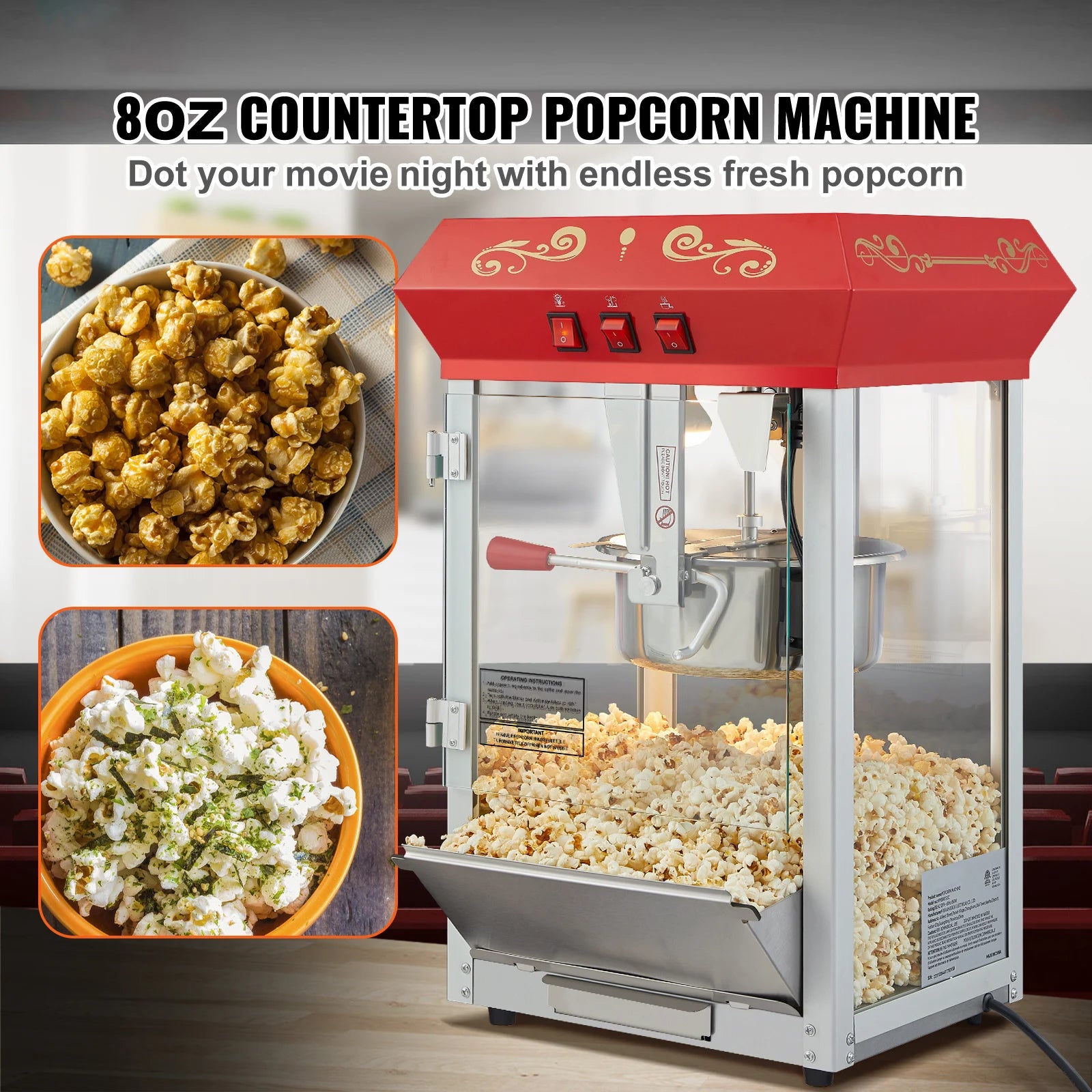 Commercial Electric Popcornmaskin 8/12 Oz Högkapacitet Bänkskiva
