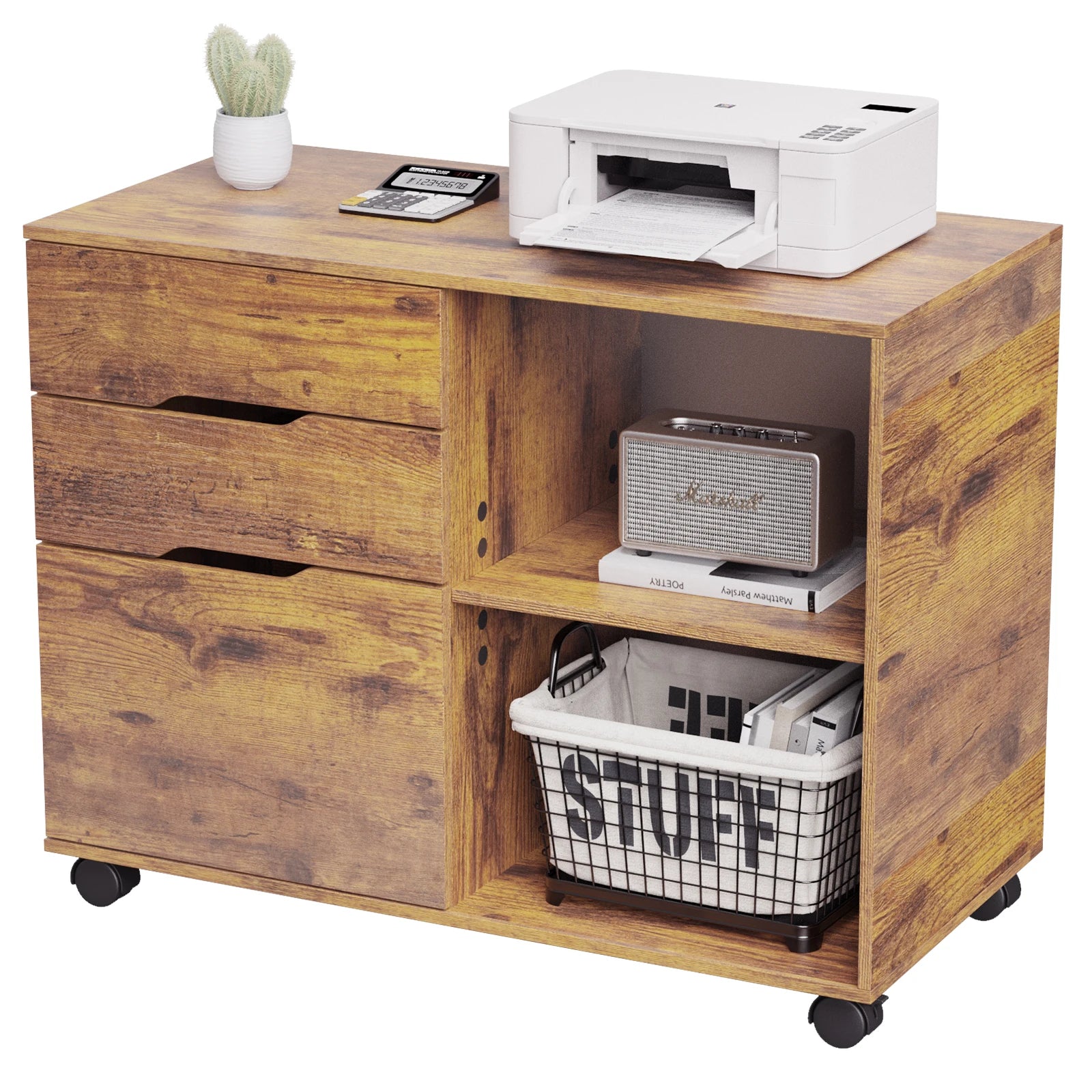 Corner Storage Cabinet with Drawers & Wheels Wood Organizer Table