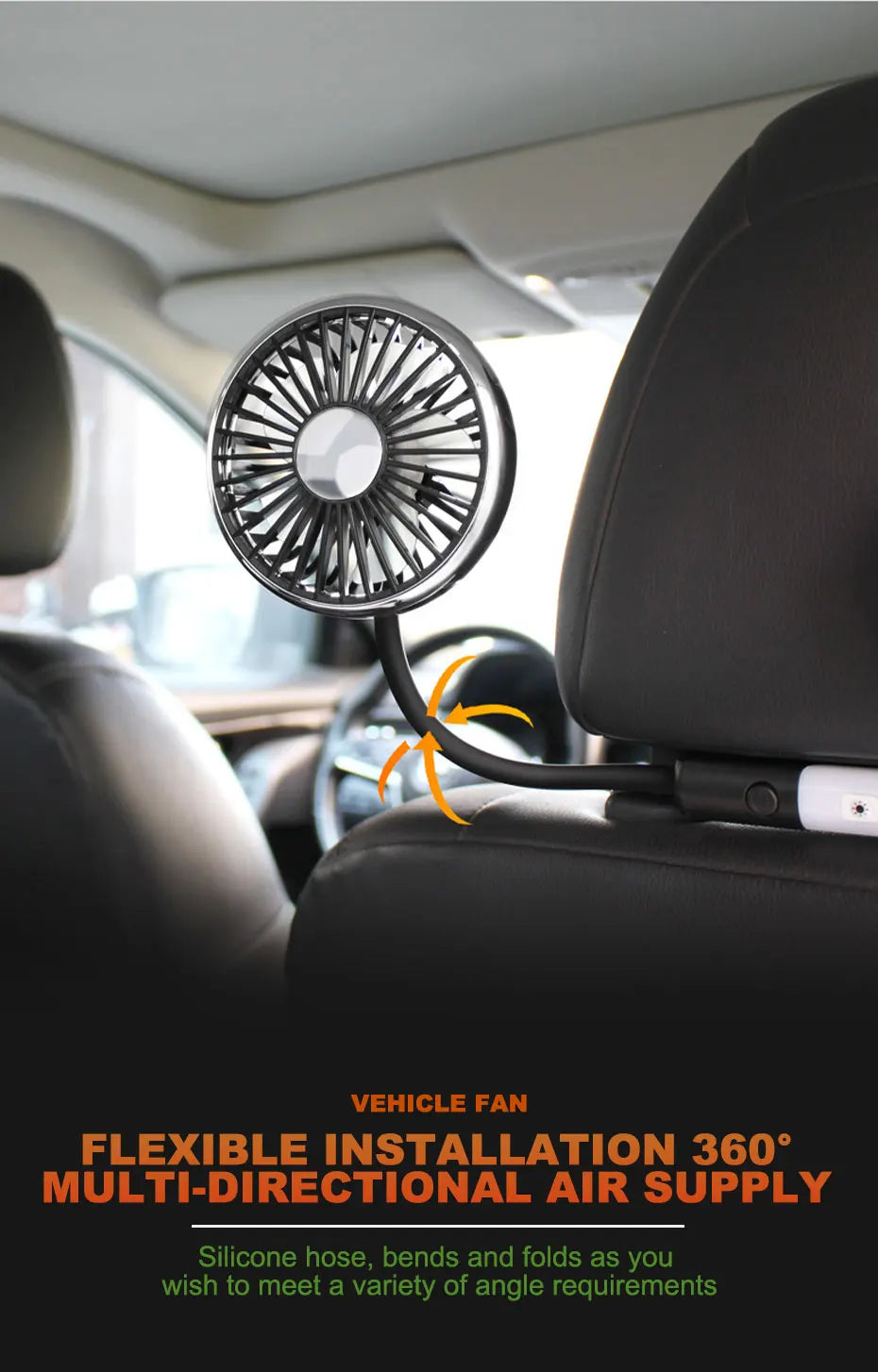 SEAMETAL Car Fan Cooling Dual Head Type-c Usb Car Fan 3 Speeds Adjustable Auto Cooler Air Fan With LED Lights Car Accessories