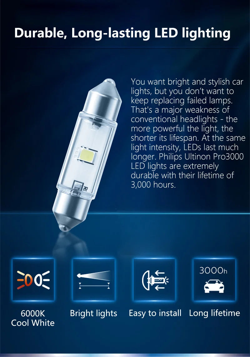Philips Ultinon Pro3000 C5W LED Fest 38mm 30mm 43mm Festoon Auto Signal Seitenlampe 6000K Kaltweiß Innenraum Leselicht(1STK)