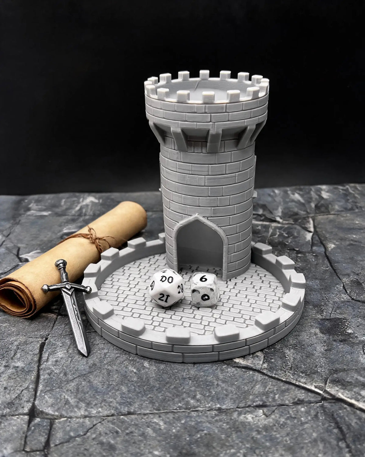Castle Dice Tower with Tray – Light Gray