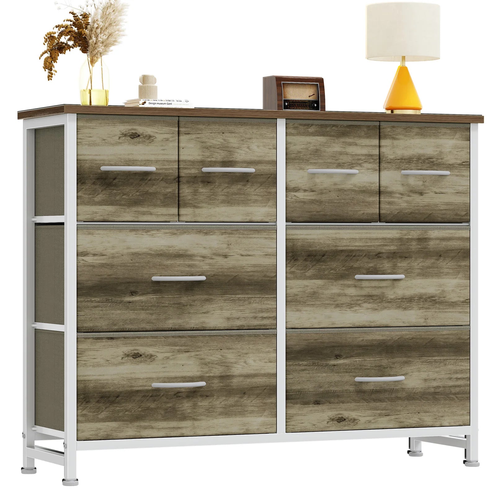 8 Drawer Fabric Dresser TV Stand with Wood Top & Metal Frame