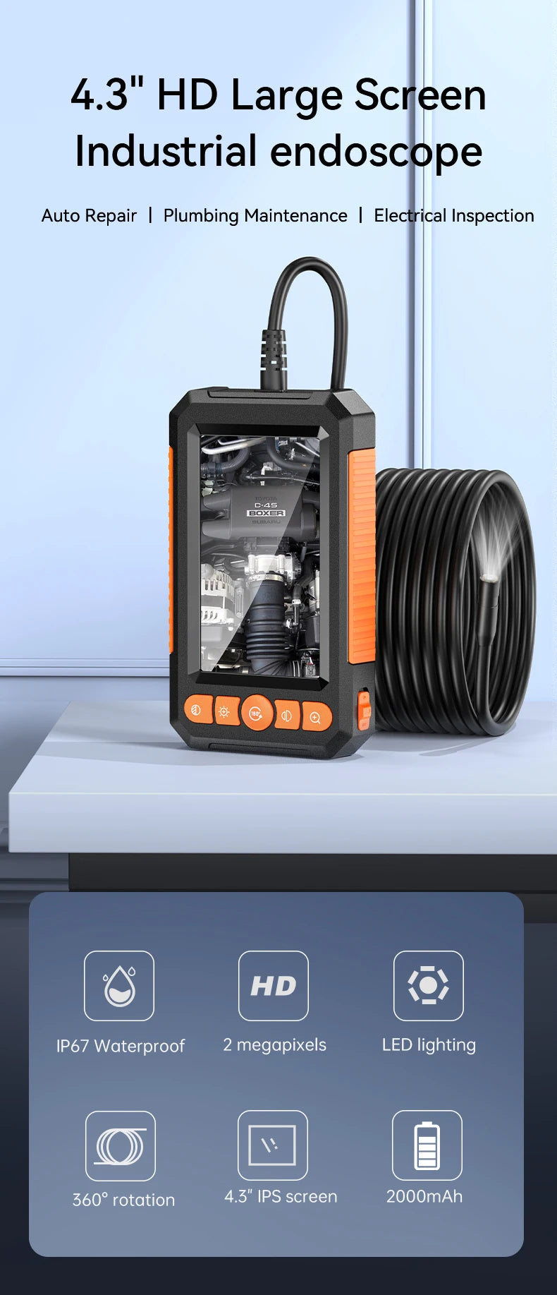 1080P Industrial Endoscope Camera with 4.3" IPS Screen