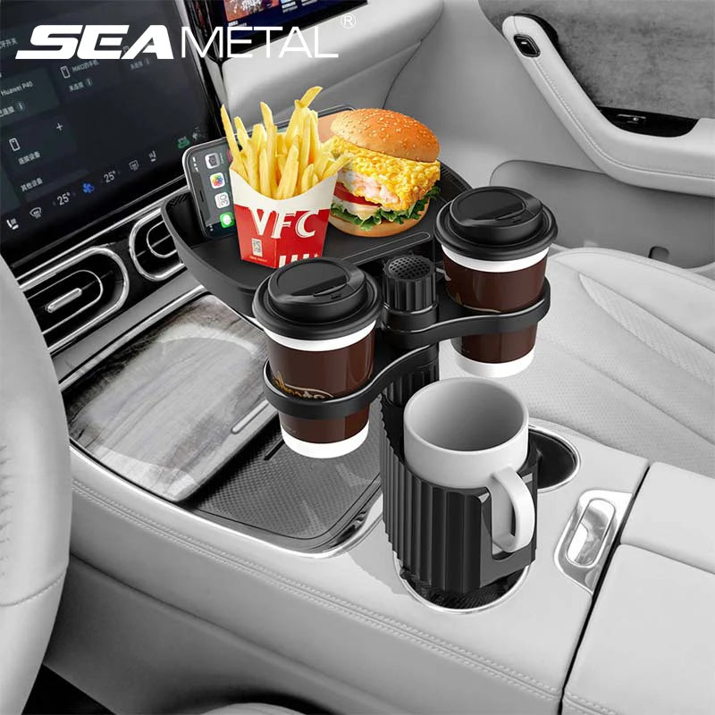 SEAMETAL 4 in 1 Car Cup Holder Extension Food Tray 360-Degree Rotation Center Console Snacks Tray Drink Holder 3kg Load-Bearing