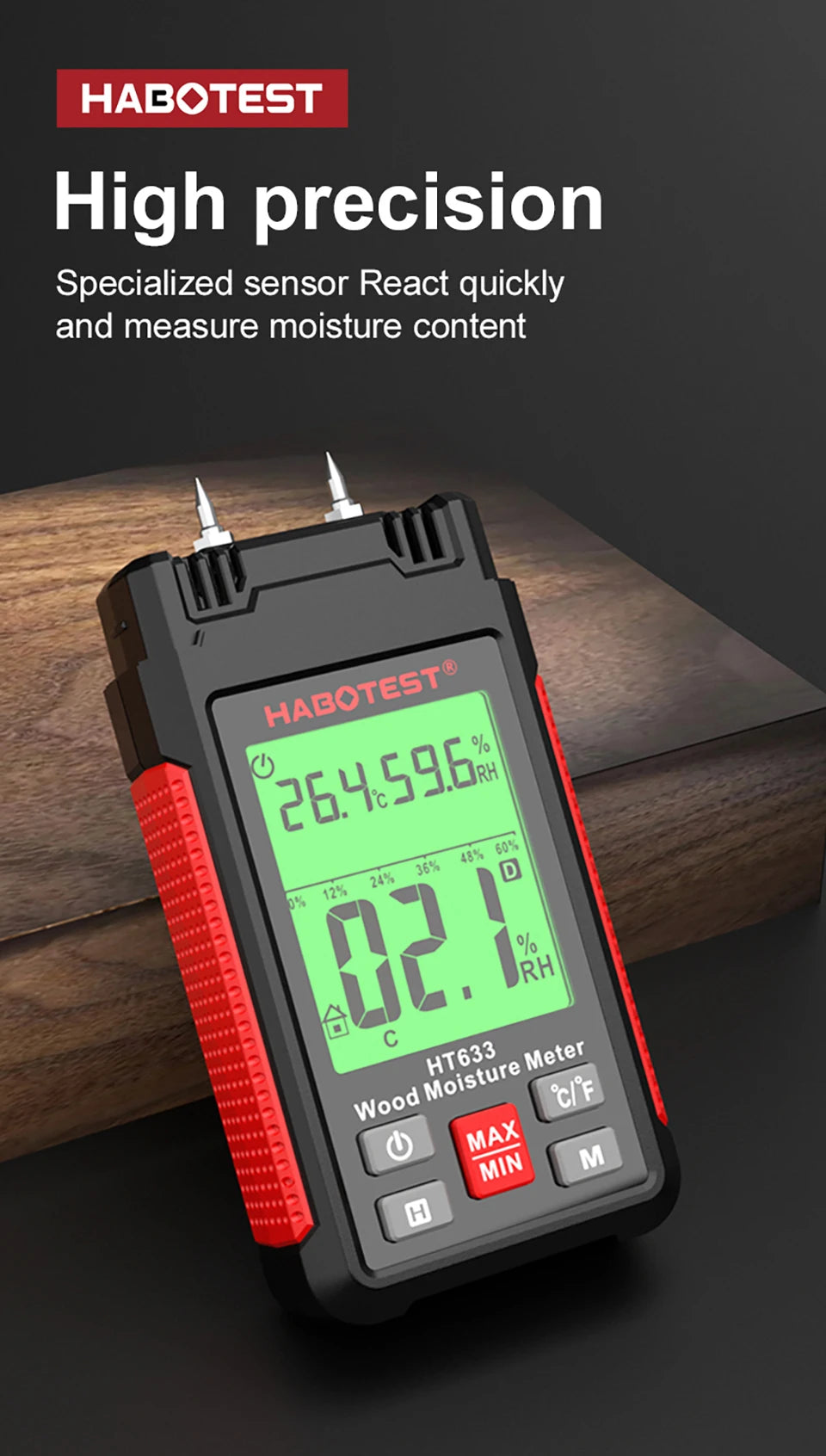 Wood Moisture Meter, Digital Humidity Meter with 3 Colours Backlit LCD,Moisture Meter Detector for Walls,Logs,Firewood,Building