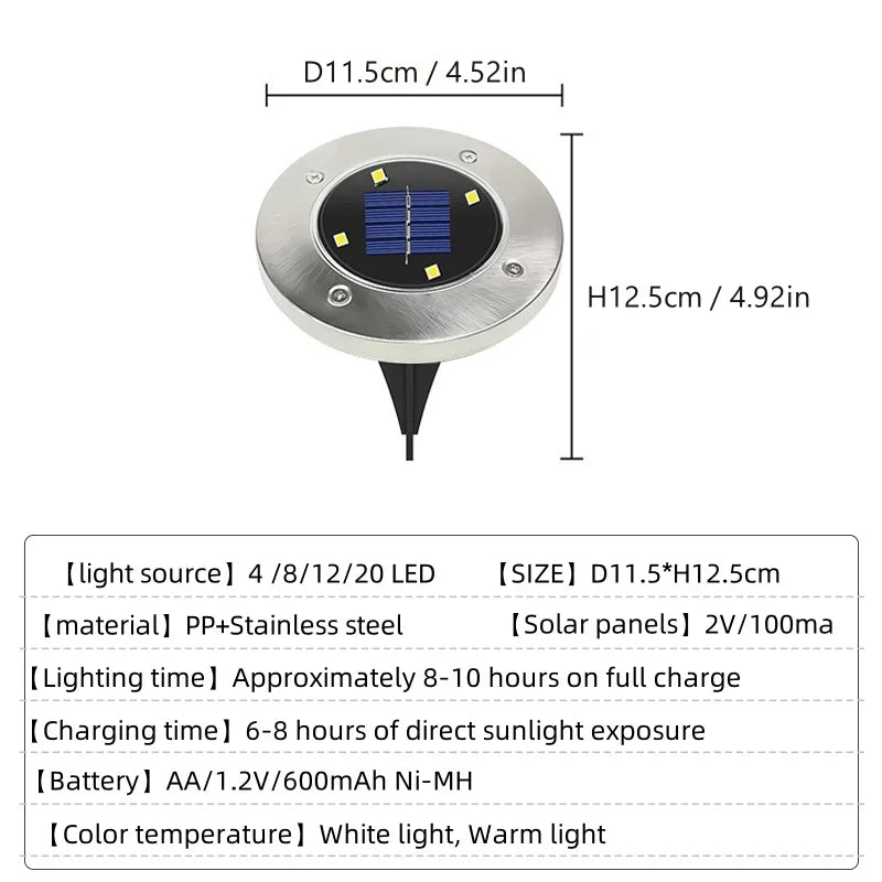Luz solar de jardim em forma de disco, IP65, do anoitecer ao amanhecer, 4–20 LED