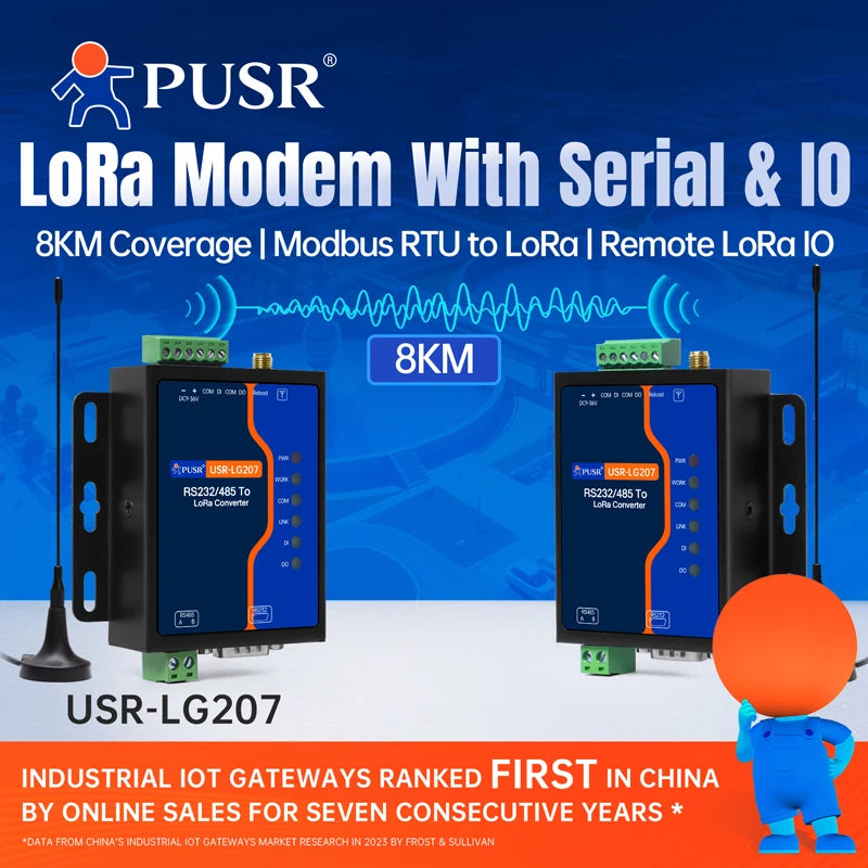 USR-LG207 RS232/RS485 LoRa Modem with Digital I/O