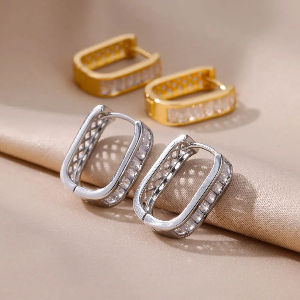 Shiny Zircon Circle Square Hoop Earrings for Women