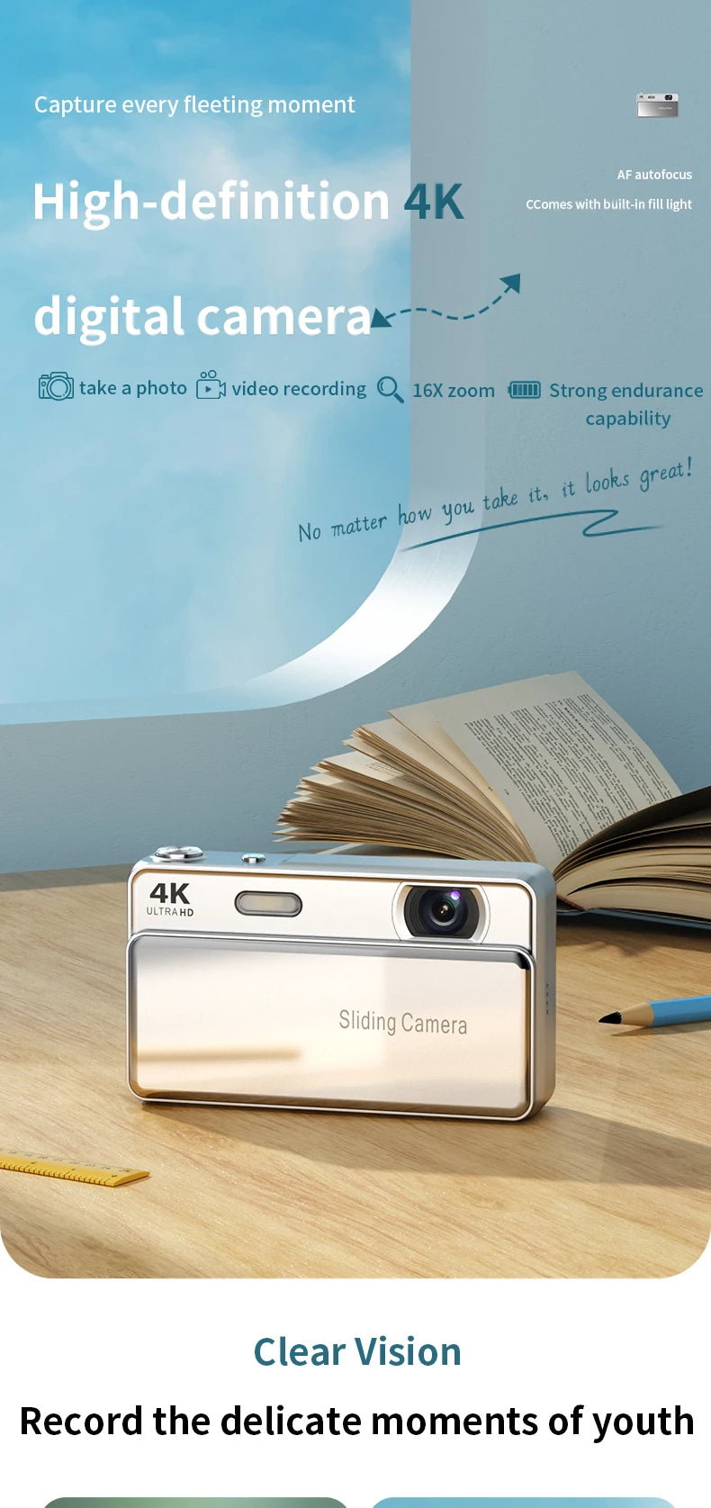 New Sliding Digital Camera CCD Campus 4K High-Definition Camera for Taking Photos and Recording Integrated Student Card Machine