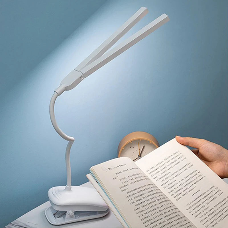 LED Clip Reading Lamp with Two Heads and Touch Dimming