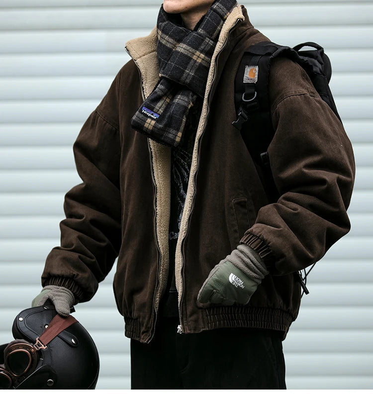 Japanese Vintage Polar Fleece Jacket Men Winter High Quality Thick Jacket Korean Streetwear Loose Couple Trendy Warm Coat Male