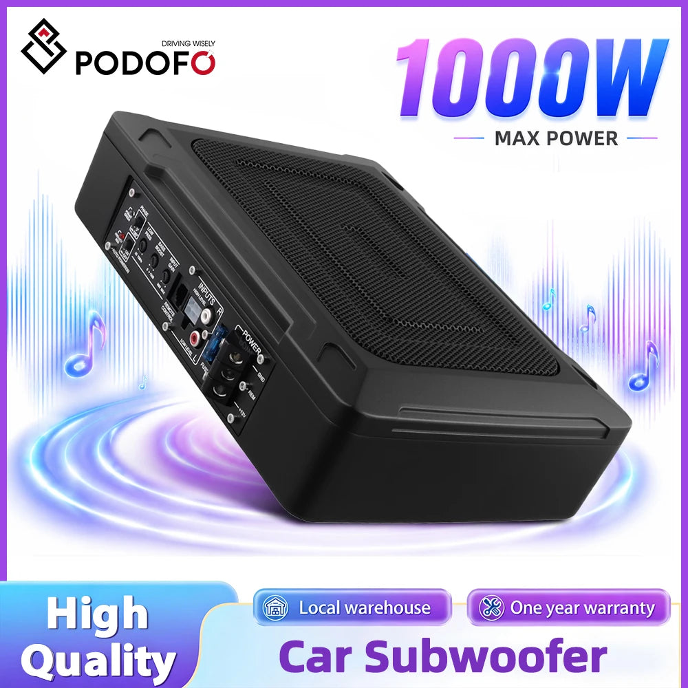 Podofo 1000W Ultra Slim Car Subwoofer Car Active Subwoofer Compact Under Seat Car Bass Audio Car Stereo Amplifier Speaker