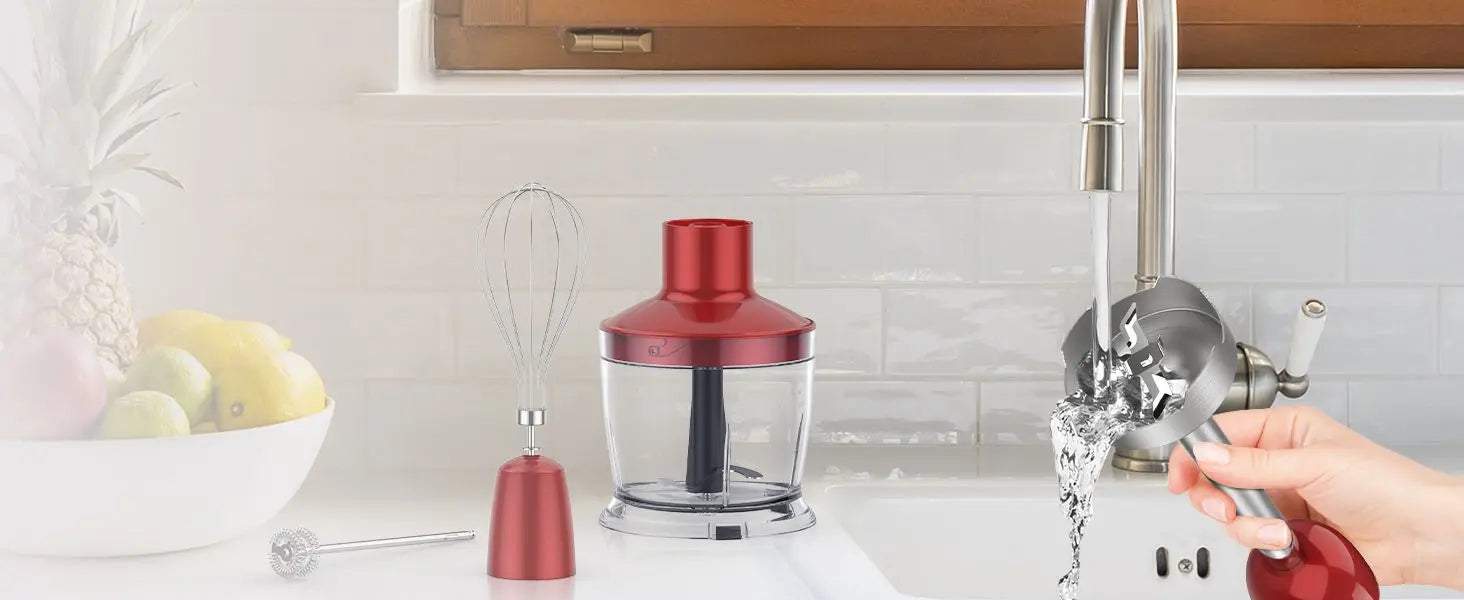 5-in-1 Hand Immersion Blender, 1000W 12 Speed Handheld Blender, Copper Motor Stainless Steel Blade Stick Blender,600ml Mixing Beaker,500ml Food Processor, Whisk, Milk Frother, BPA-Free, Red