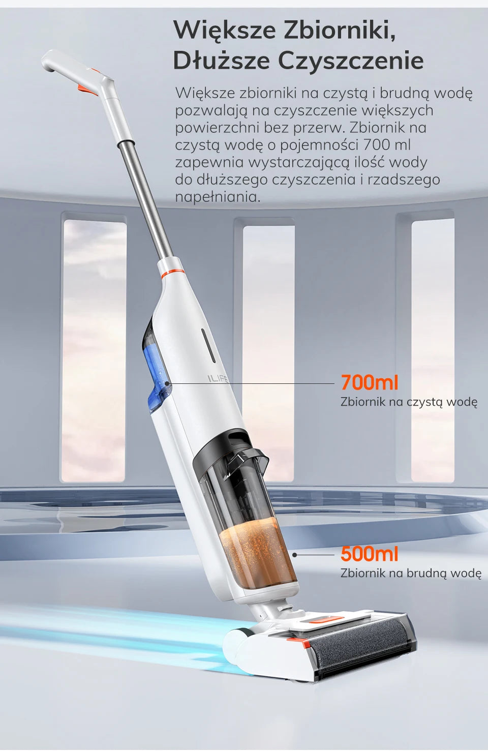 ILIFE W90 Cordless Wireless Wet Dry Smart Mop Washing , 5500Pa Suction, 1 Min Self Cleaning, Large Dual Water Tank