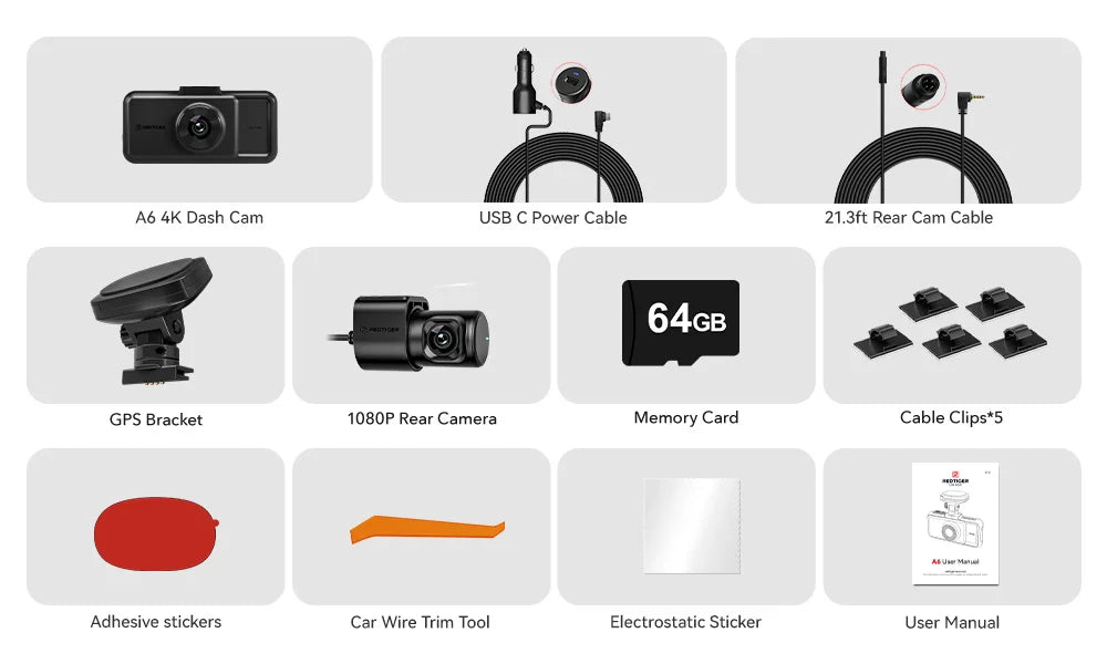 REDTIGER A6 4K 3-Channel Dash Cam with GPS and WiFi