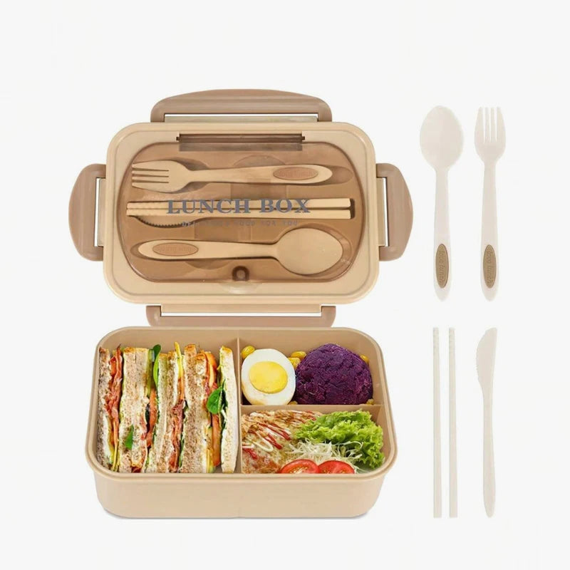Caixa bento compartimentada para almoço com utensílios, opções de cor